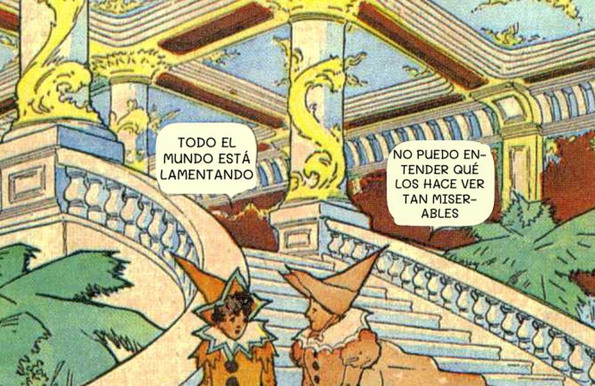 The same panel with the speech bubbles translated into Español by Mieru