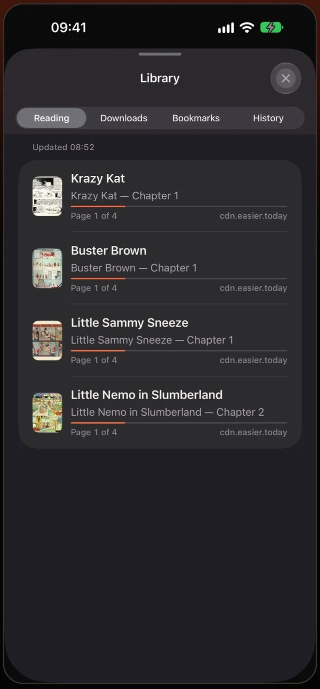 The library: series from different sites with their progress