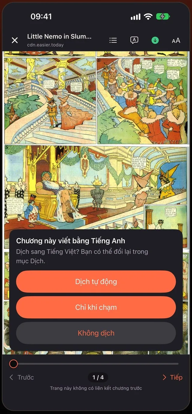 Mieru asking how to translate a chapter: automatically, only when tapped, or not at all
