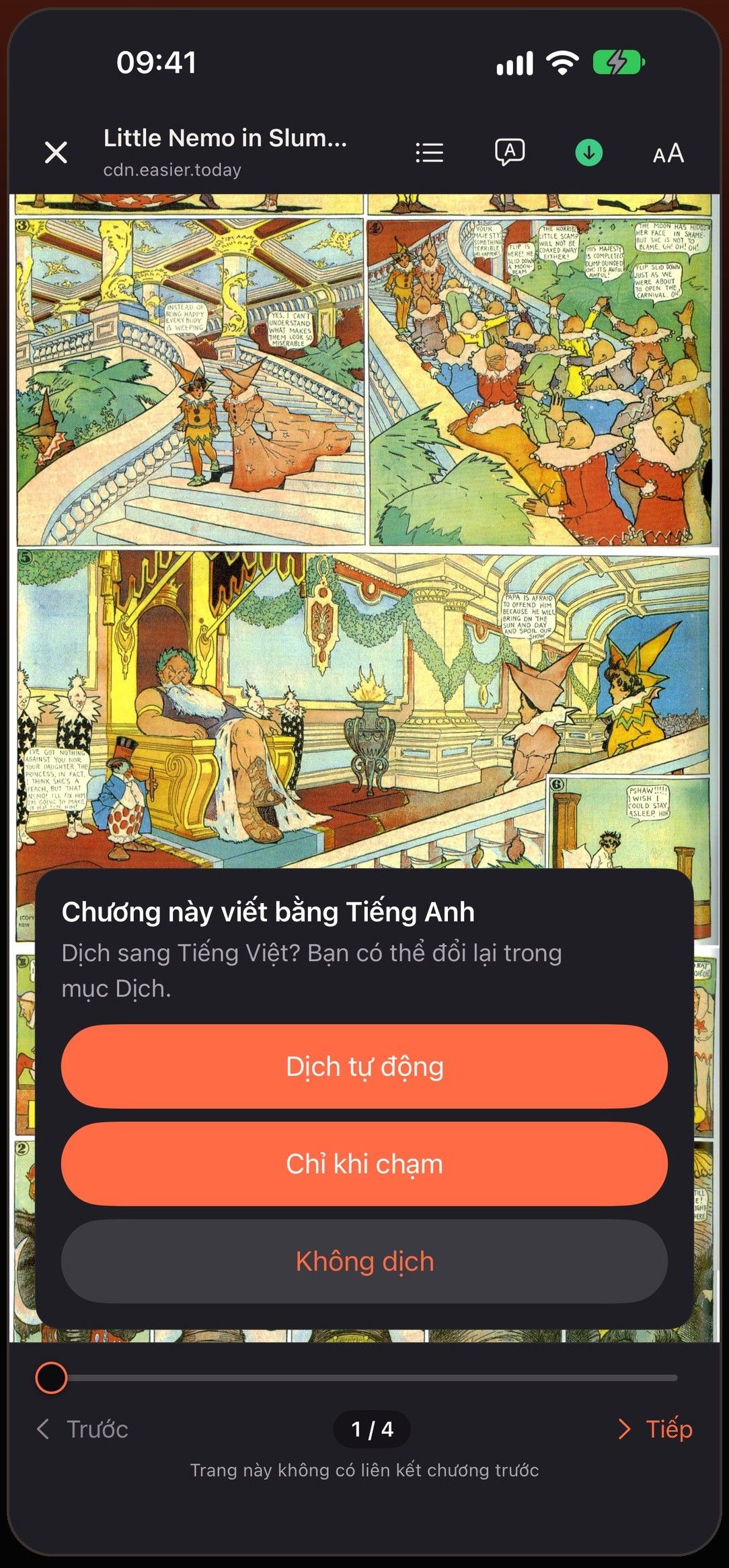 Mieru asking how to translate a chapter: automatically, only when tapped, or not at all (Vietnamese interface)